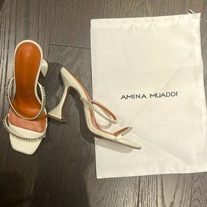 White Amina Muaddi Rhinestone Mules